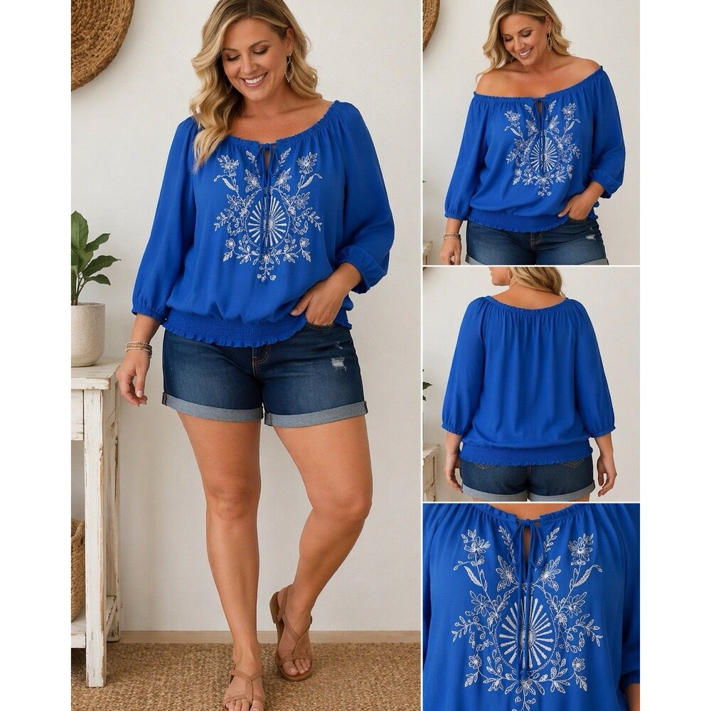 Lane Bryant Boho Embroidered Peasant Blouse Blue 18/20 Flowy Top